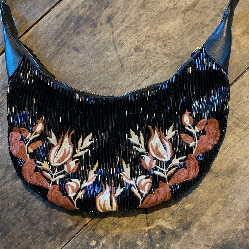 Like New Free People Bugle Beaded Floral Embroidered Black and Brown Hobo Bag - Picture 12 of 13